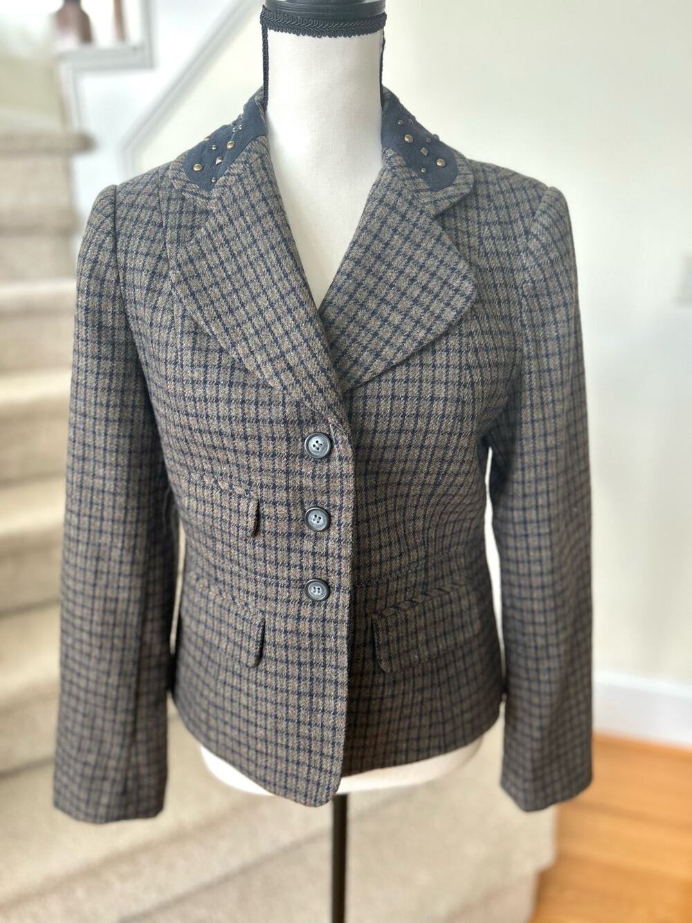 Sundance Grey Wool Plaid Faux Navy Suede Studded Trimmed Collar Blazer